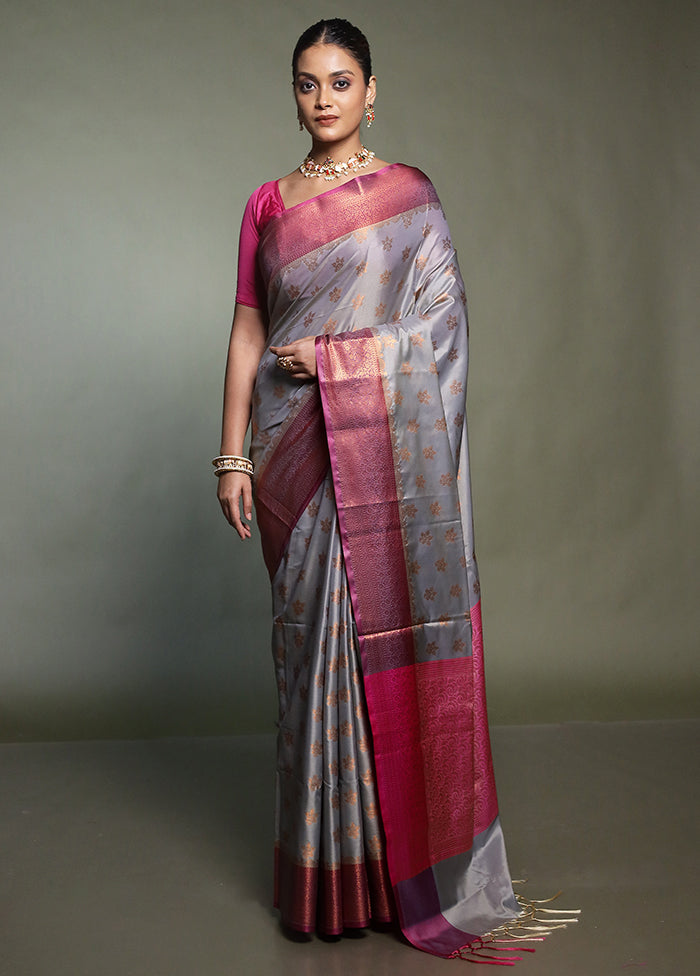 Grey Dupion Silk Saree With Blouse Piece