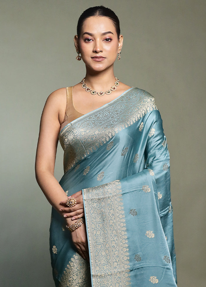 Blue Dupion Silk Saree With Blouse Piece