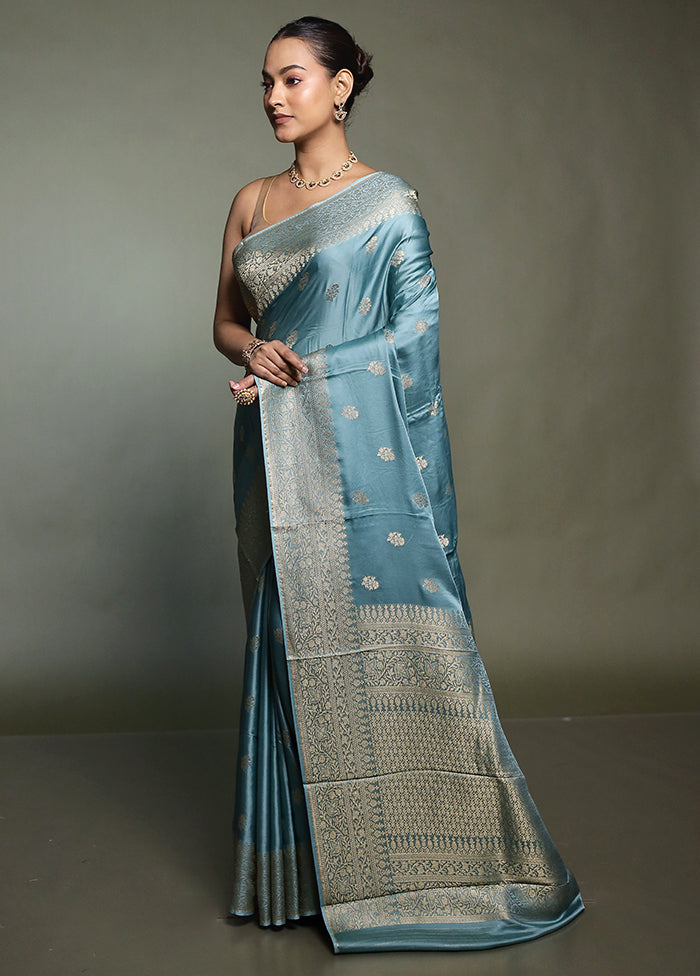 Blue Dupion Silk Saree With Blouse Piece