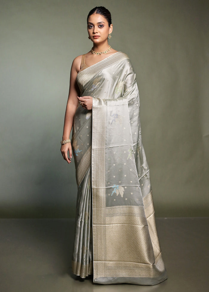 Grey Dupion Silk Saree With Blouse Piece