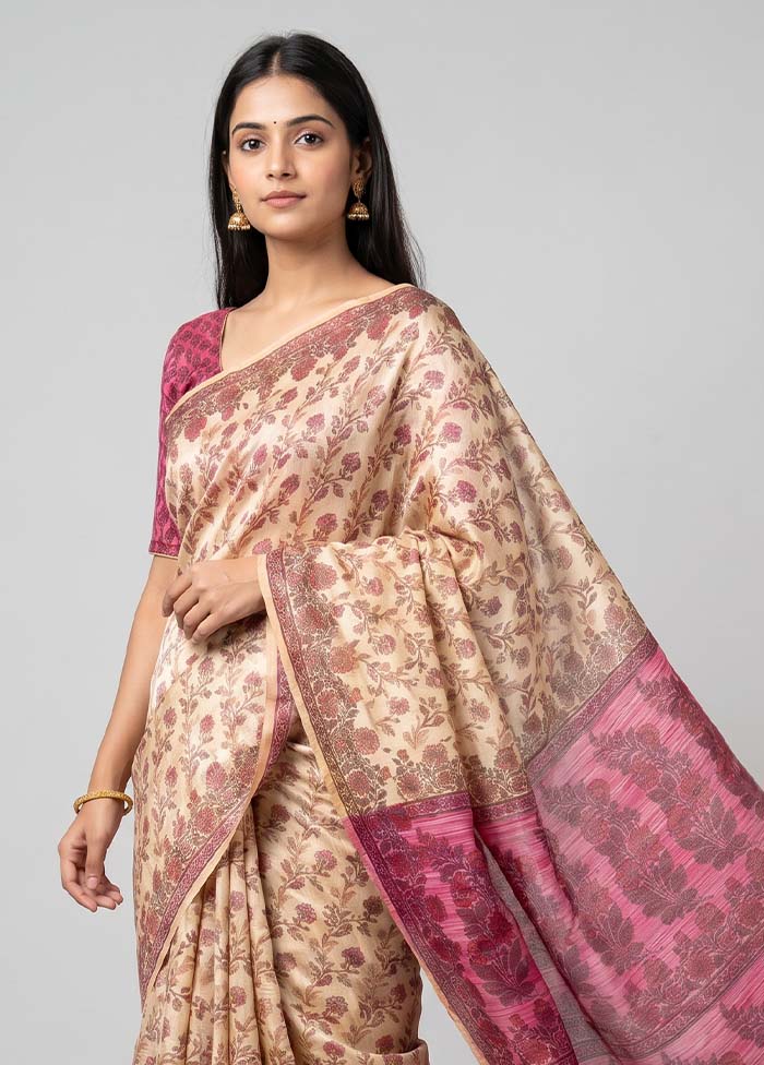 Cream Dupion Silk Saree With Blouse Piece