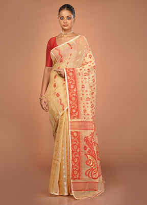 Cream Jamdani Cotton Saree Without Blouse Piece