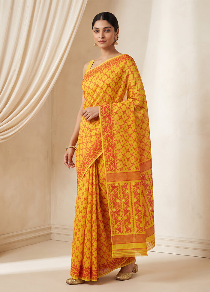 Yellow Jamdani Cotton Saree Without Blouse Piece