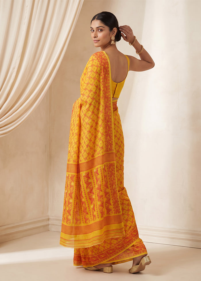 Yellow Jamdani Cotton Saree Without Blouse Piece