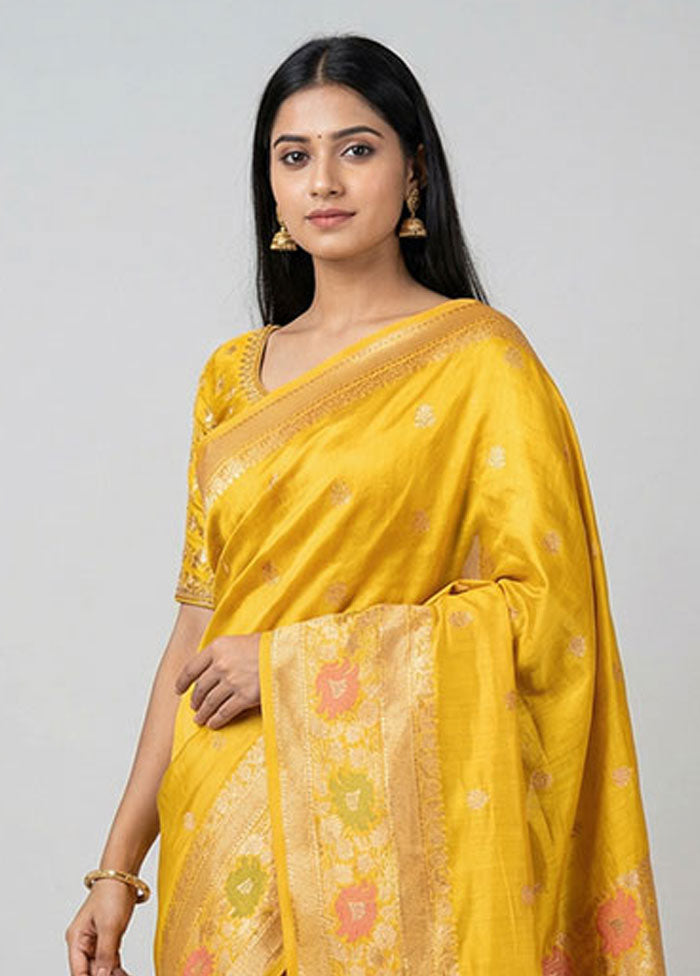 Yellow Handloom Katan Pure Silk Saree With Blouse Piece