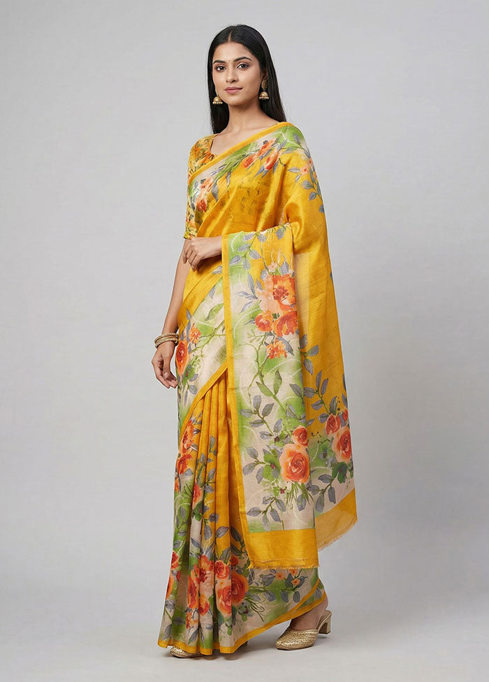 Yellow Printed Pure Silk Saree Without Blouse Piece