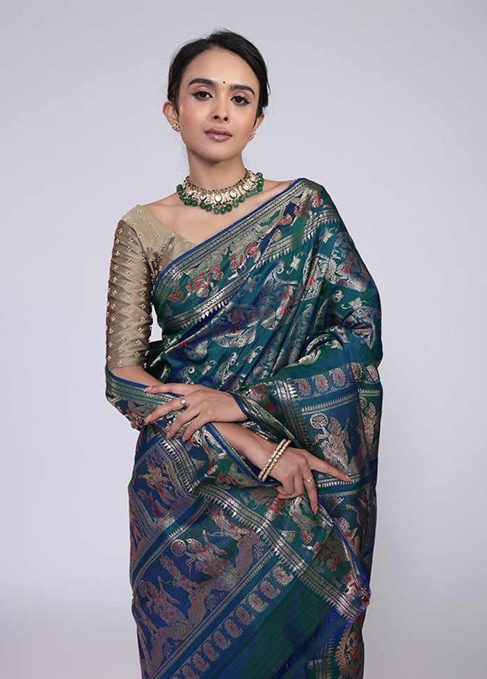 Green Handloom Baluchari Pure Silk Saree With Blouse Piece