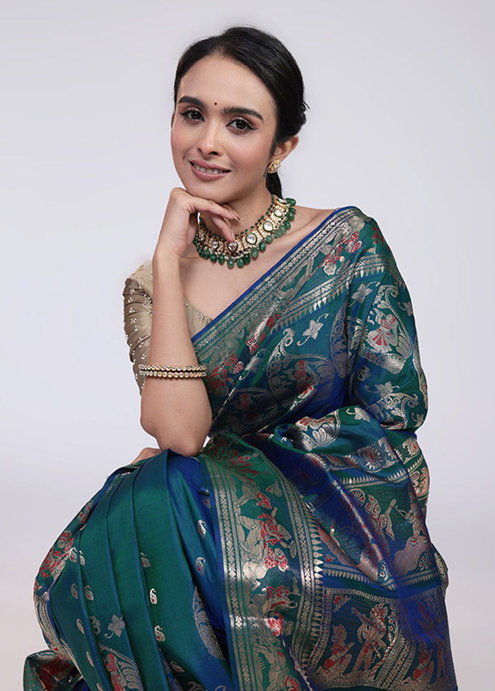 Green Handloom Baluchari Pure Silk Saree With Blouse Piece