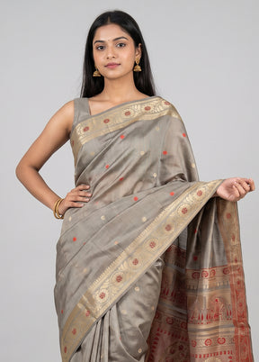 Grey Handloom Baluchari Pure Silk Saree With Blouse Piece