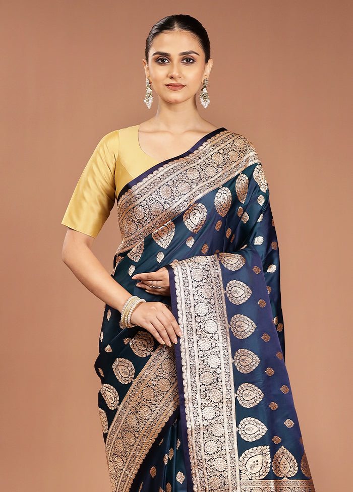 Blue Banarasi Silk Saree With Blouse Piece