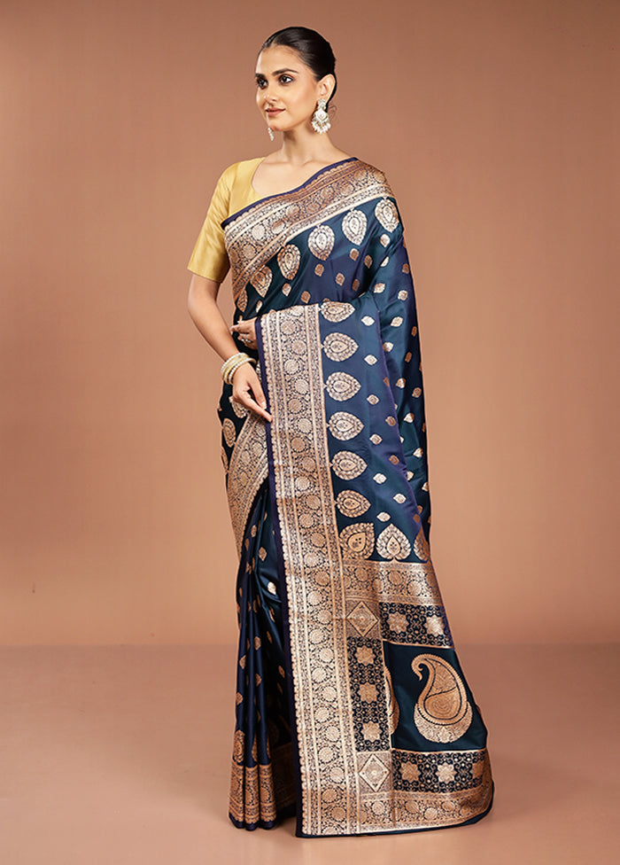 Blue Banarasi Silk Saree With Blouse Piece