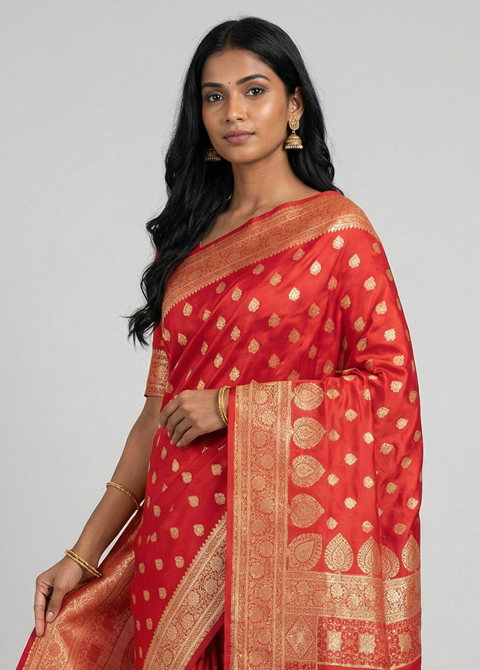 Red Banarasi Silk Saree With Blouse Piece