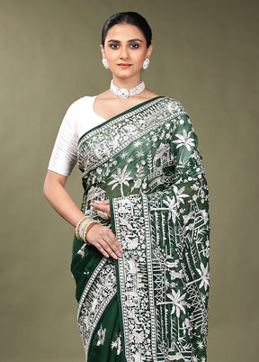 Green Handloom Pure Georgette Saree With Blouse Piece