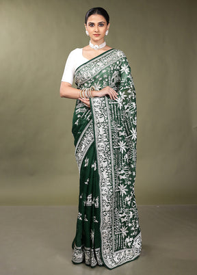 Green Handloom Pure Georgette Saree With Blouse Piece