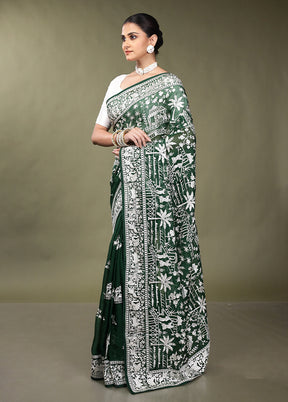Green Handloom Pure Georgette Saree With Blouse Piece