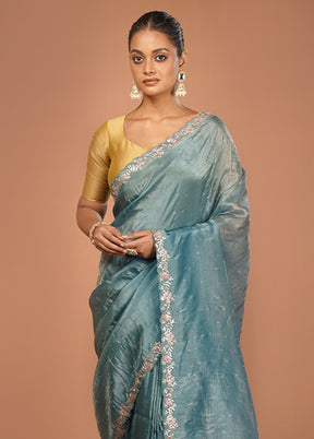 Blue Tissue Silk Saree With Blouse Piece