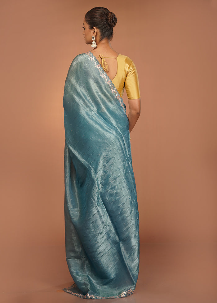 Blue Tissue Silk Saree With Blouse Piece