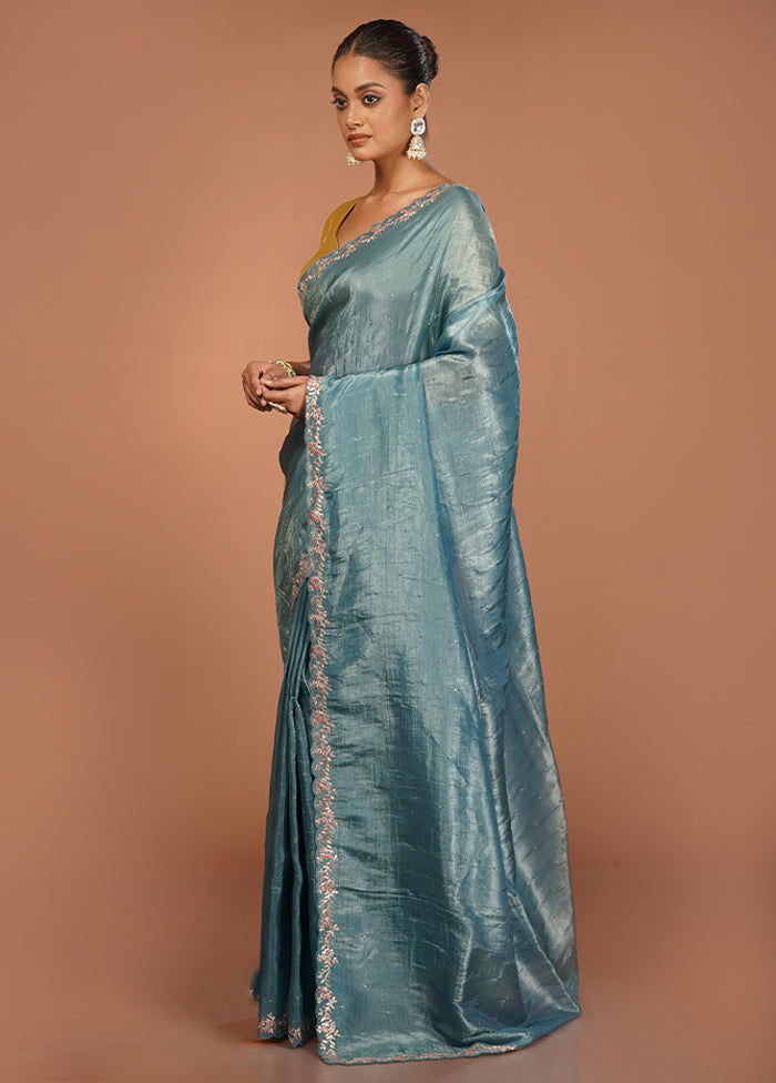 Blue Tissue Silk Saree With Blouse Piece