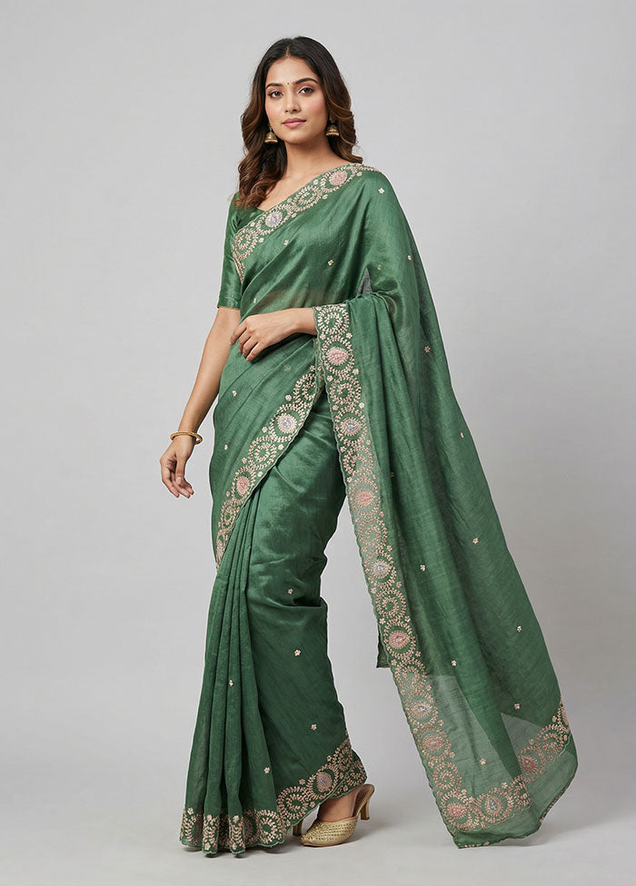 Green Handloom Tussar Pure Silk Saree With Blouse Piece