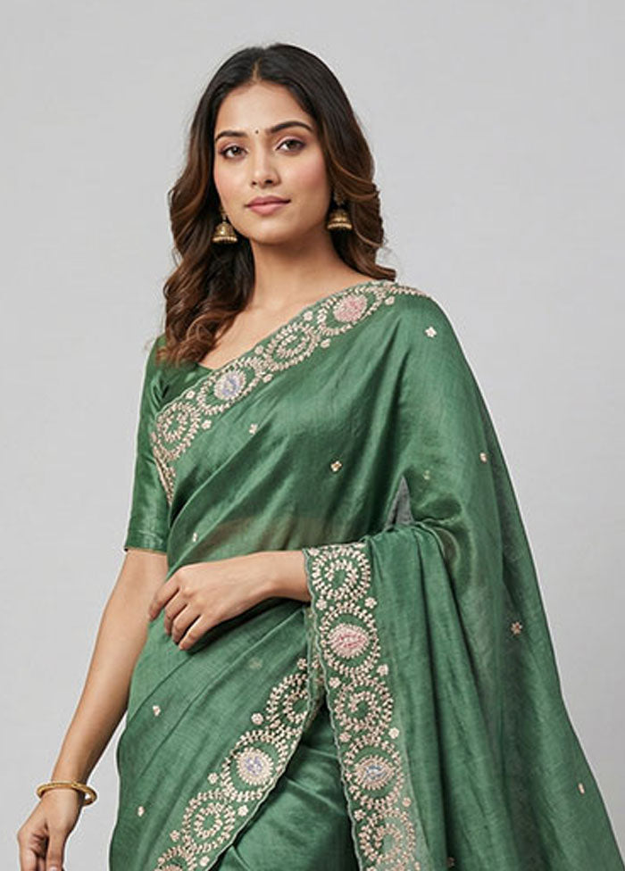 Green Handloom Tussar Pure Silk Saree With Blouse Piece