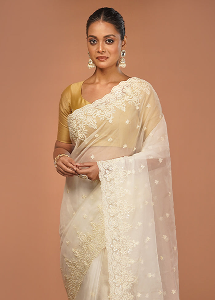 White Handloom Pure Organza Saree With Blouse Piece