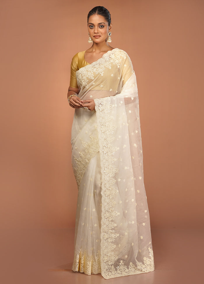 White Handloom Pure Organza Saree With Blouse Piece
