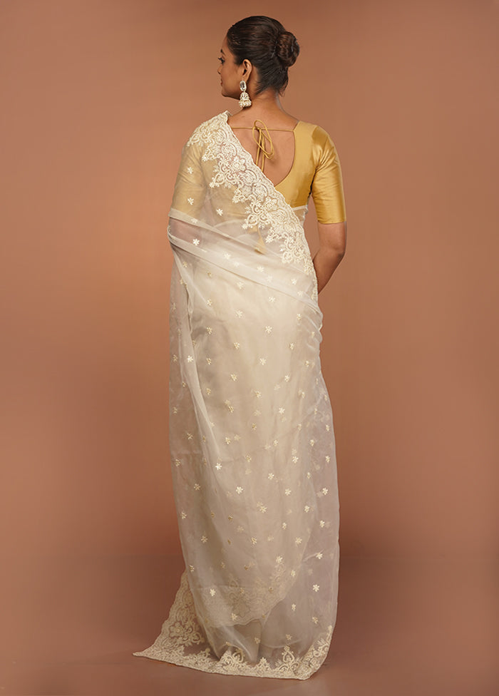White Handloom Pure Organza Saree With Blouse Piece
