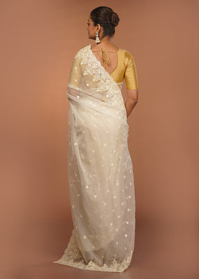 White Handloom Pure Organza Saree With Blouse Piece