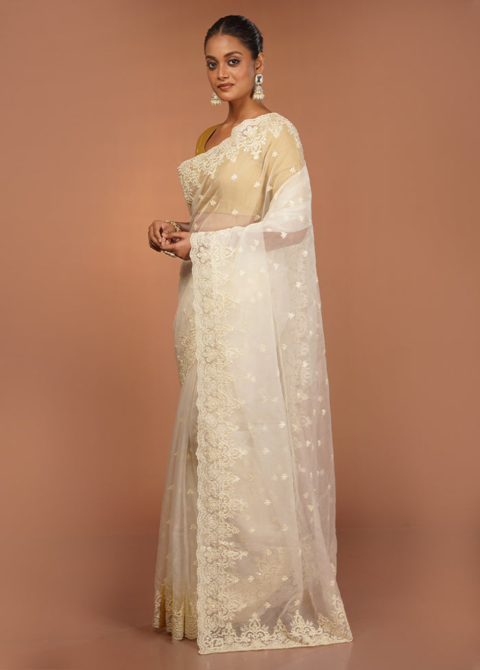 White Handloom Pure Organza Saree With Blouse Piece