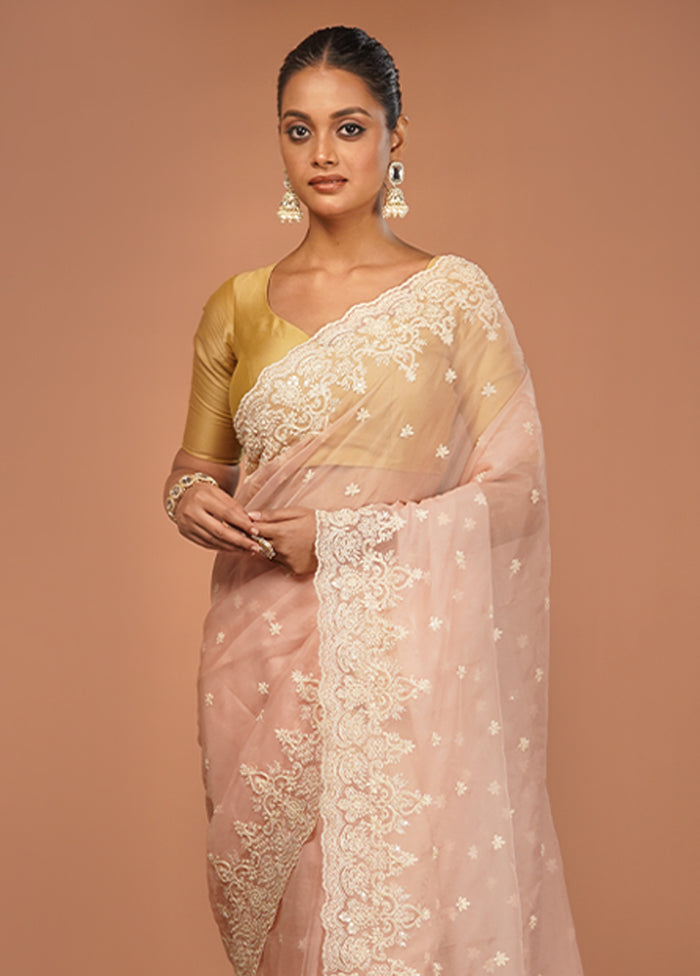 Pink Handloom Pure Organza Saree With Blouse Piece