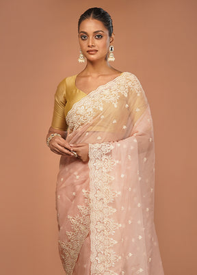 Pink Handloom Pure Organza Saree With Blouse Piece