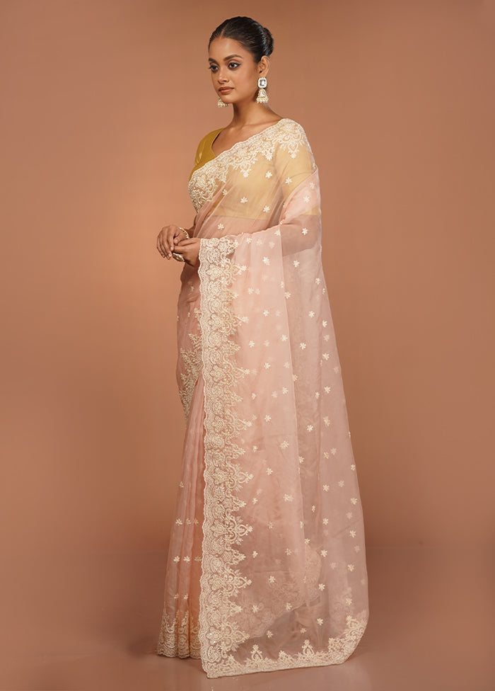 Pink Handloom Pure Organza Saree With Blouse Piece