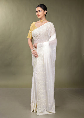 White Handloom Pure Organza Saree With Blouse Piece