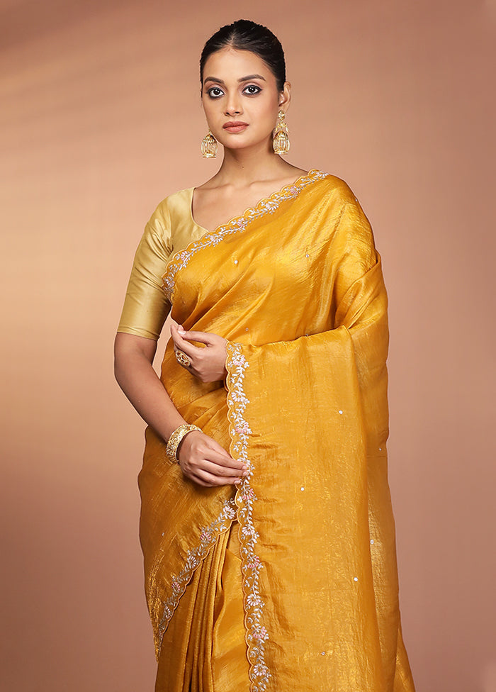 Yellow Handloom Tissue Pure Silk Saree With Blouse Piece