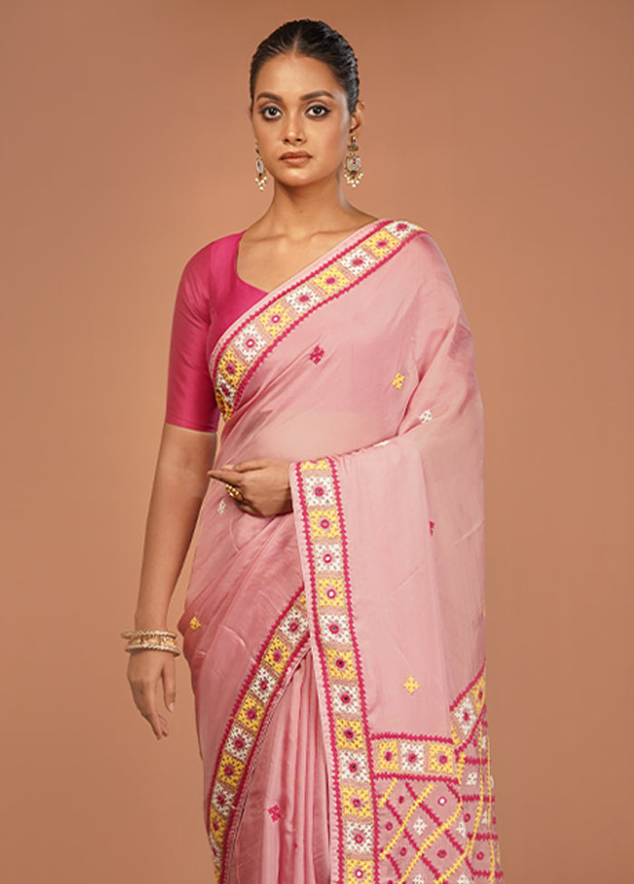 Pink Handloom Pure Georgette Saree With Blouse Piece