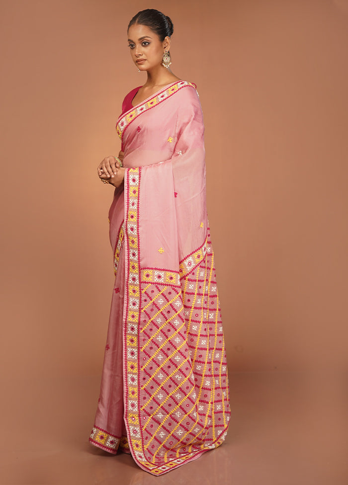 Pink Handloom Pure Georgette Saree With Blouse Piece