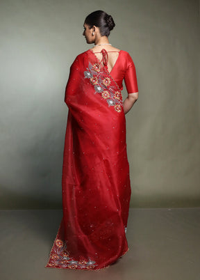 Red Handloom Pure Organza Saree With Blouse Piece