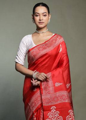 Red Printed Silk Saree Without Blouse Piece