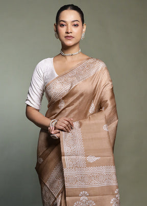 Cream Printed Pure Silk Saree Without Blouse Piece
