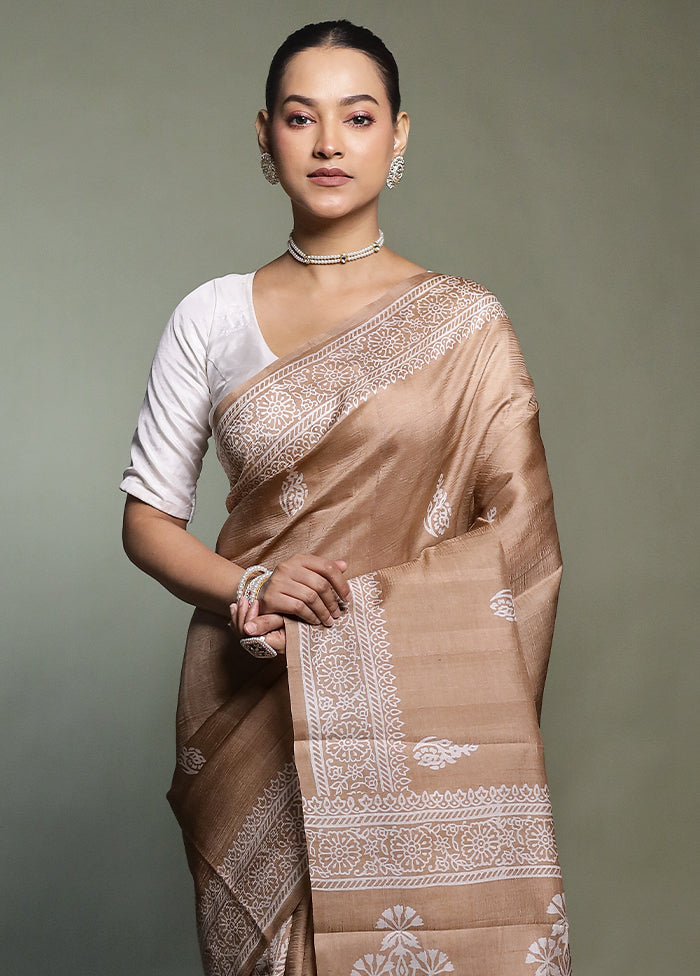 Cream Printed Pure Silk Saree Without Blouse Piece