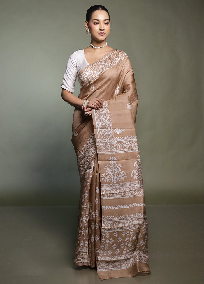 Cream Printed Pure Silk Saree Without Blouse Piece