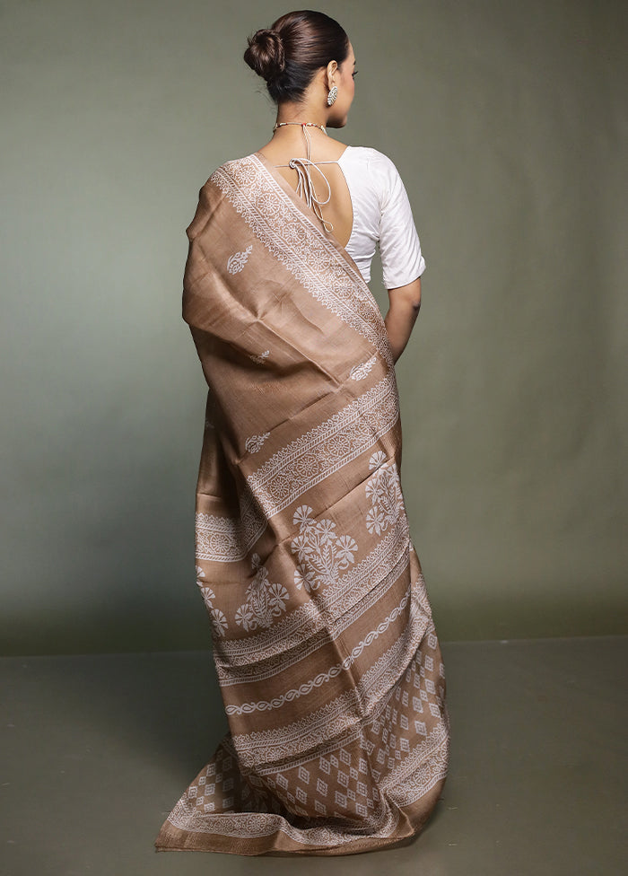 Cream Printed Pure Silk Saree Without Blouse Piece