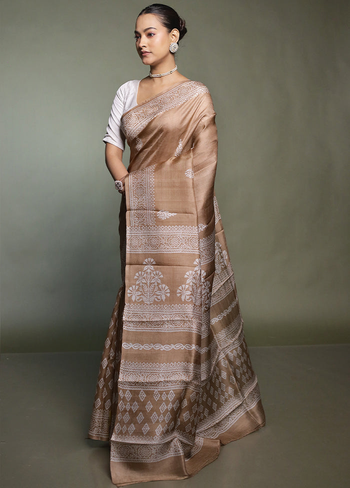 Cream Printed Pure Silk Saree Without Blouse Piece