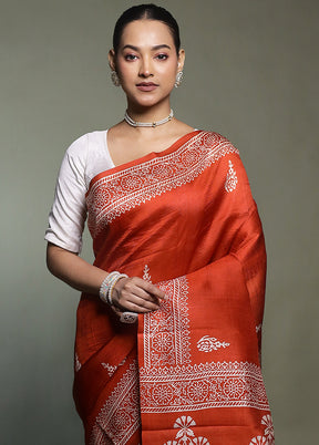 Rust Printed Pure Silk Saree Without Blouse Piece
