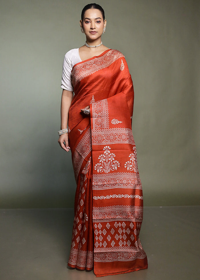 Rust Printed Pure Silk Saree Without Blouse Piece