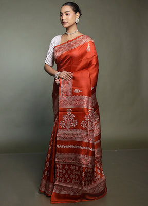 Rust Printed Pure Silk Saree Without Blouse Piece