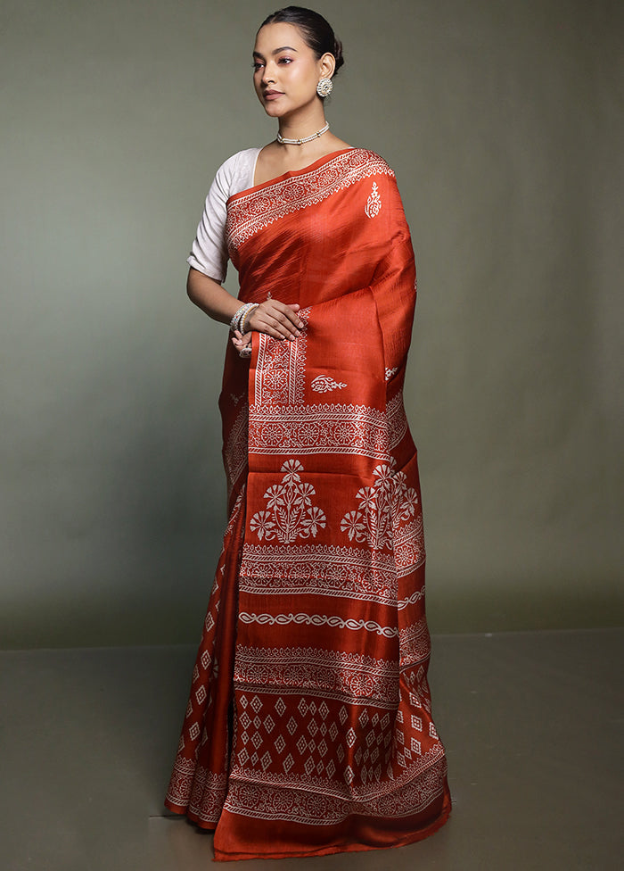 Rust Printed Pure Silk Saree Without Blouse Piece