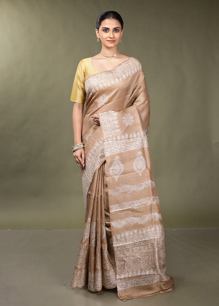 Grey Printed Pure Silk Saree Without Blouse Piece