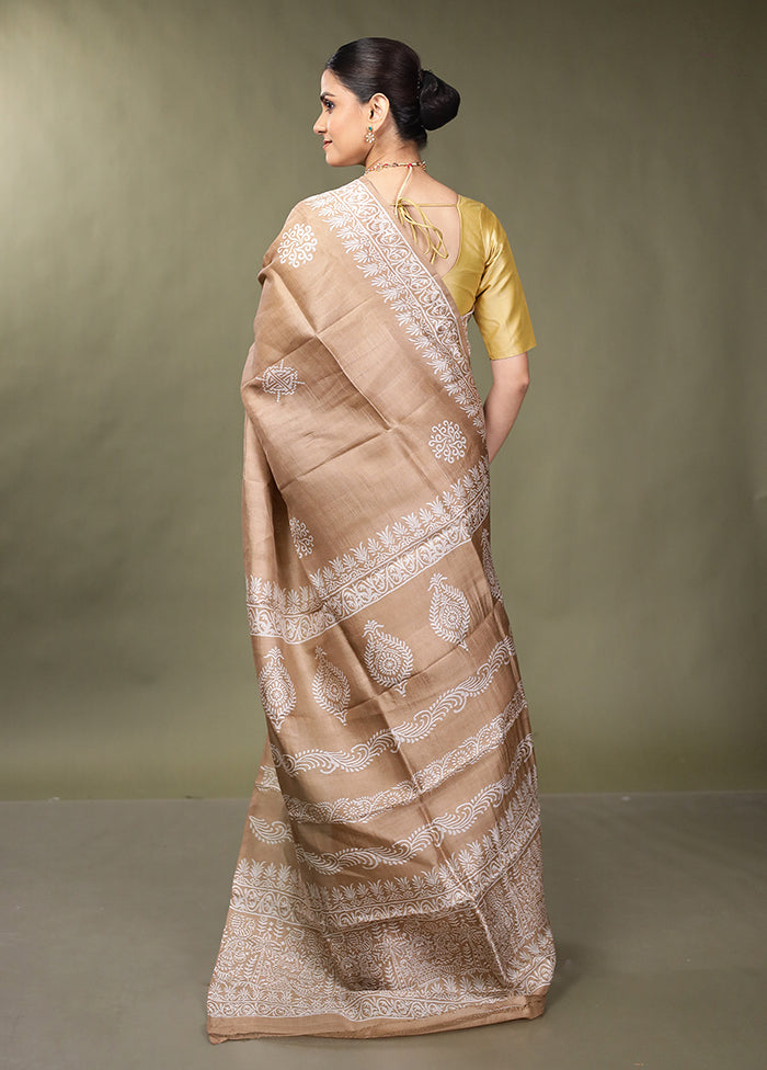 Grey Printed Pure Silk Saree Without Blouse Piece