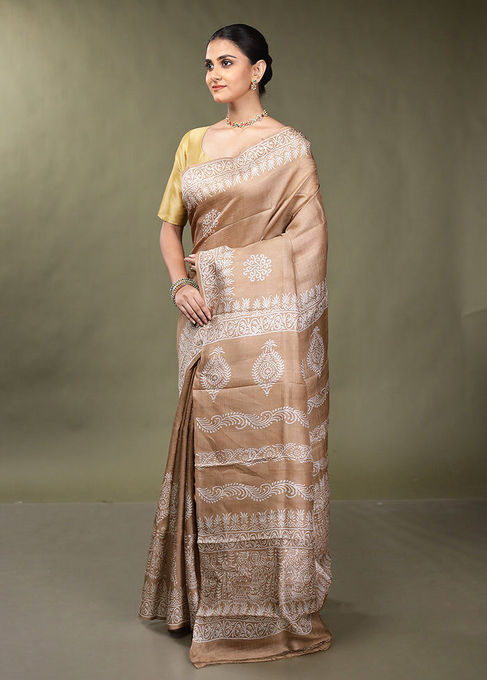 Grey Printed Pure Silk Saree Without Blouse Piece
